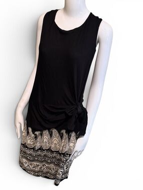 M.S.S.P. 1X Black and Cream Paisley Border Side Tie Sleeveless Short Dress NWT